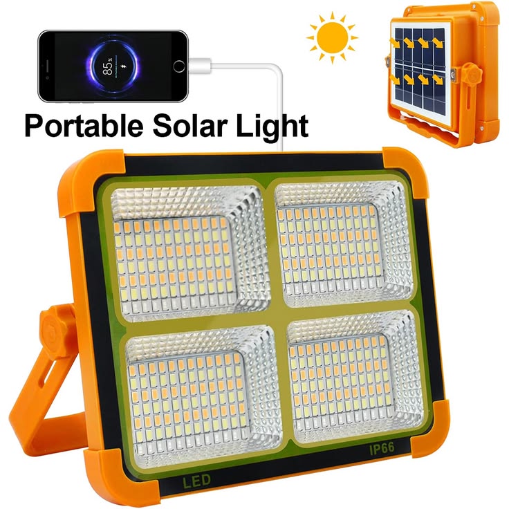 Portable Solar LED Flood Light with Solar Panel & USB Charging | IP66 Waterproof | Rechargeable Outdoor Emergency Light for Home, Camping & Garden