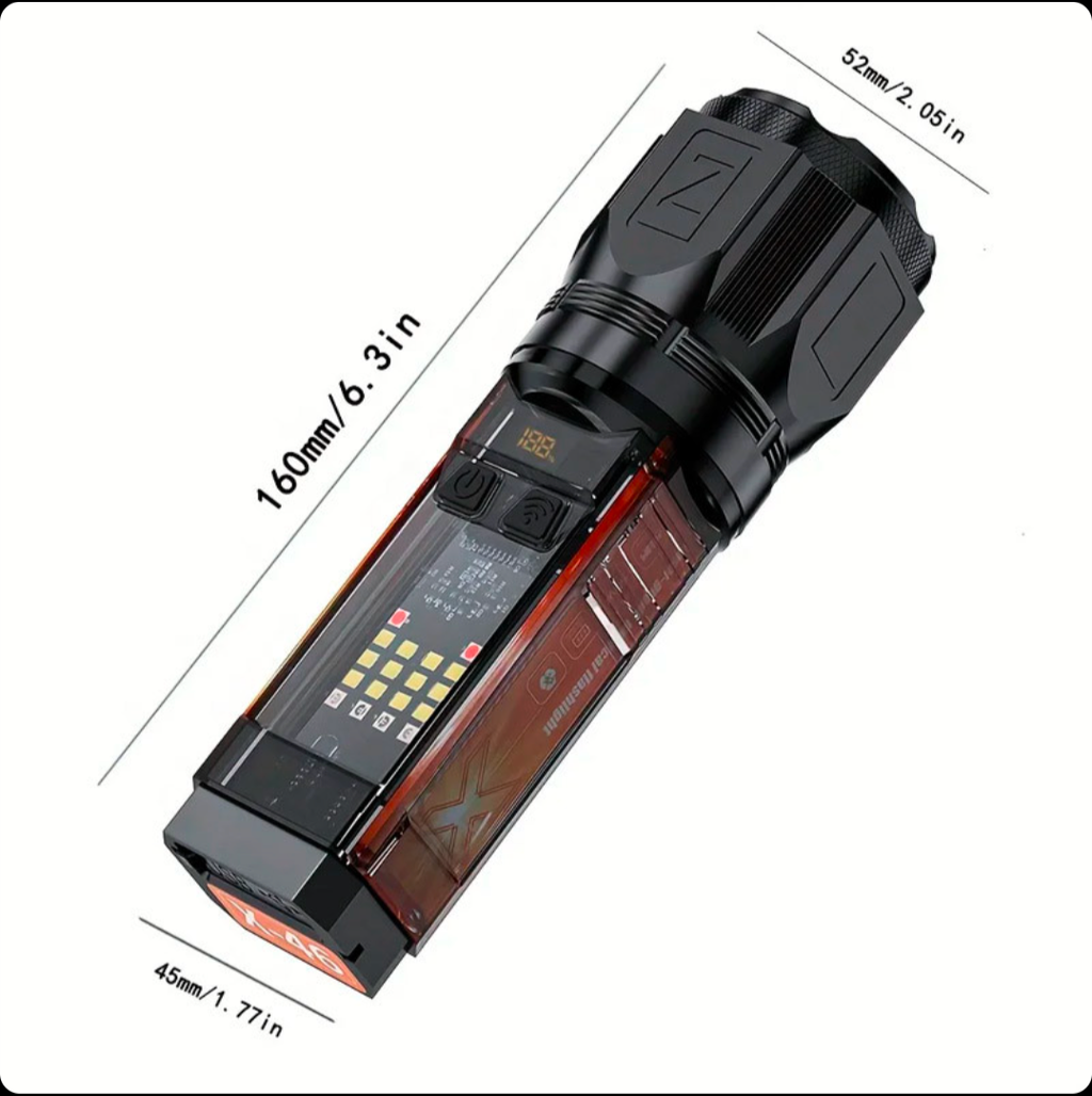 X-46 Multifunctional Solar LED Flashlight - Rechargeable Laser Torch Light with Digital Power Display, Telescopic Zoom, Side COB Work Light & Emergency USB Power Bank Output (Type-C Charging)