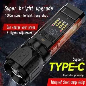 X-46 Multifunctional Solar LED Flashlight - Rechargeable Laser Torch Light with Digital Power Display, Telescopic Zoom, Side COB Work Light & Emergency USB Power Bank Output (Type-C Charging)