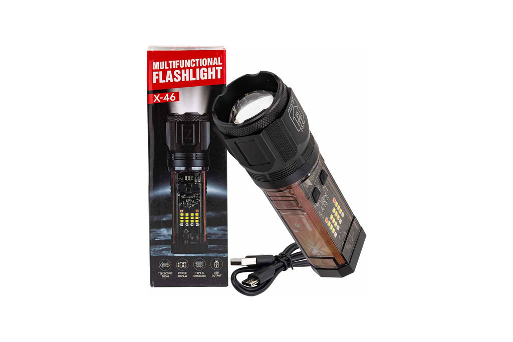 X-46 Multifunctional Solar LED Flashlight - Rechargeable Laser Torch Light with Digital Power Display, Telescopic Zoom, Side COB Work Light & Emergency USB Power Bank Output (Type-C Charging)