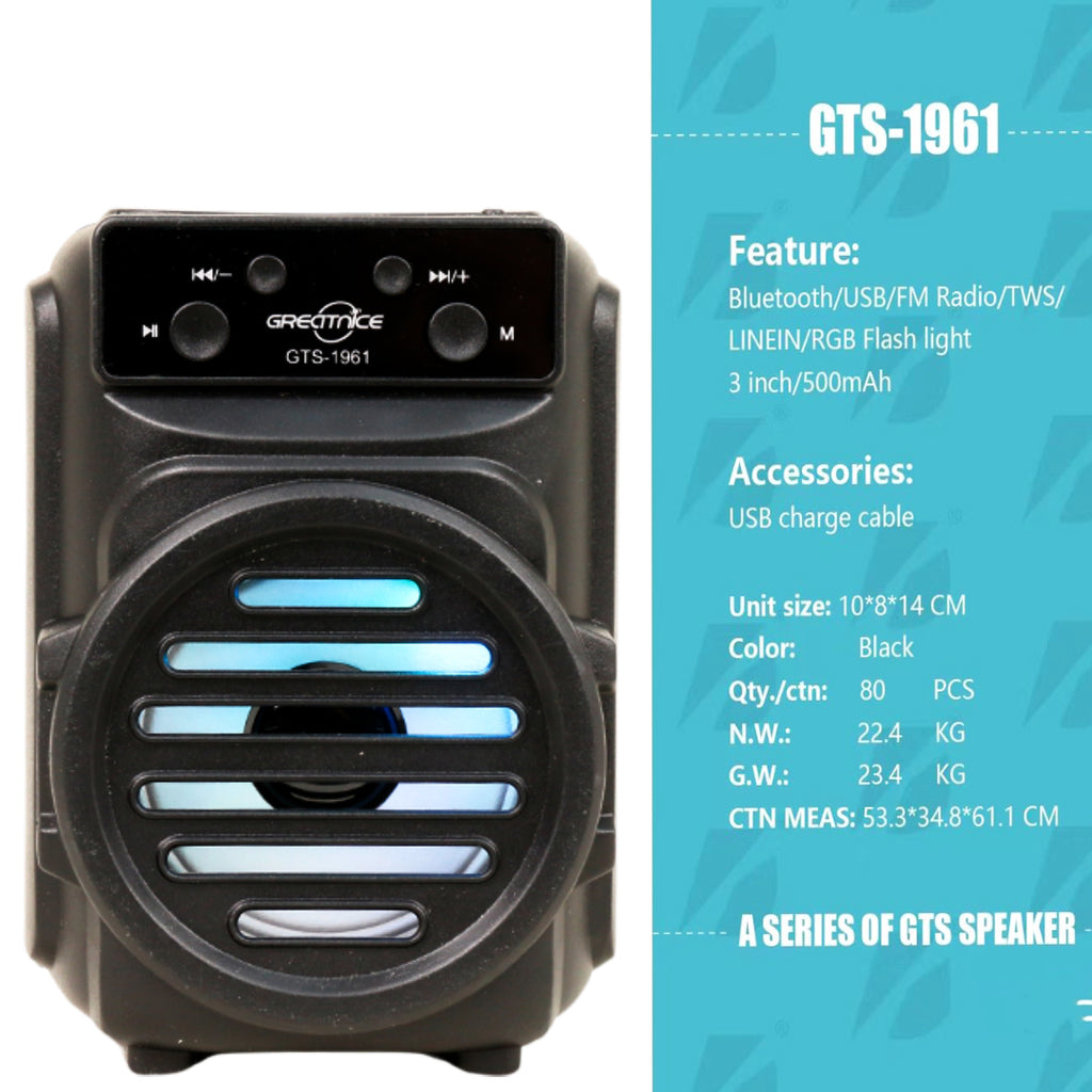 Greatnice GTS-1961 Portable Wireless Bluetooth Speaker 3 Inch | Mini Rechargeable Speaker | RGB LED Light | USB/TF Card/FM Radio | High Bass Sound | Portable Outdoor Speaker