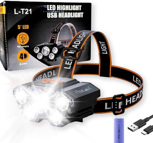 5 LED USB Rechargeable Headlamp Flashlight L-T21 – Super Bright Head Torch with 4 Lighting Modes | Waterproof LED Head Light for Camping, Fishing, Hiking & Emergency