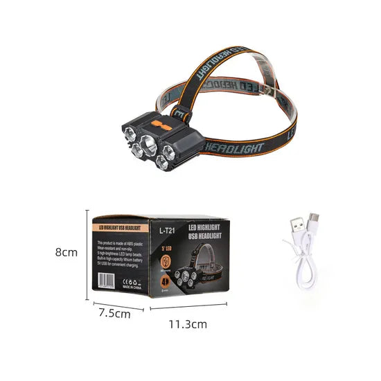 5 LED USB Rechargeable Headlamp Flashlight L-T21 – Super Bright Head Torch with 4 Lighting Modes | Waterproof LED Head Light for Camping, Fishing, Hiking & Emergency