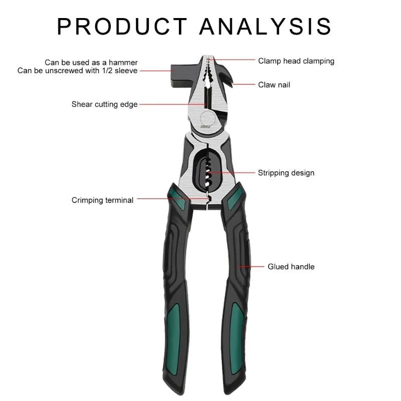 8-in-1 Multi-Function Combination Pliers | Wire Cutter, Wire Stripper, Nail Puller, Crimper, Hammer & Grip Tool | Heavy Duty Hand Tool for Electricians & DIY