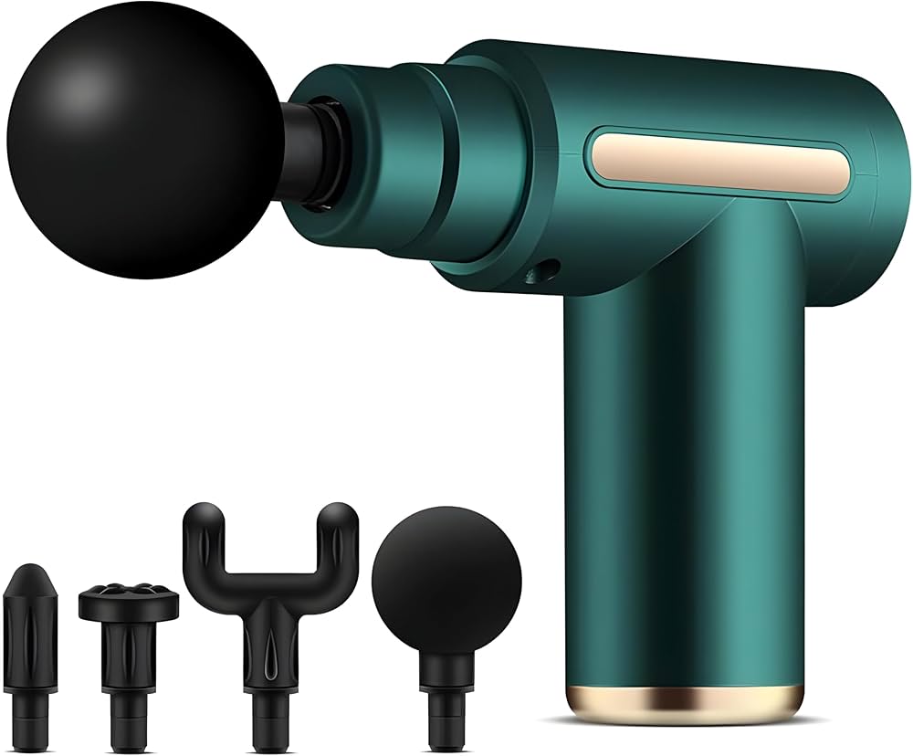 Mini Massage Gun Deep Tissue Muscle Massager | Portable Rechargeable Percussion Massage Gun | 4 Interchangeable Heads | Quiet & Powerful Pain Relief for Neck, Back, Shoulder & Legs